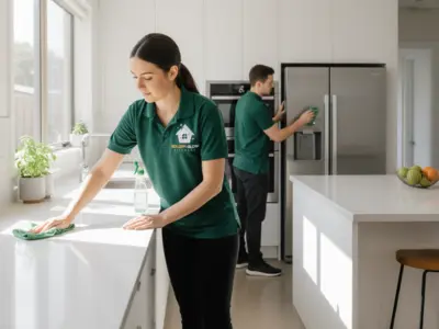 Professional kitchen cleaning service with spotless countertops and shining appliances