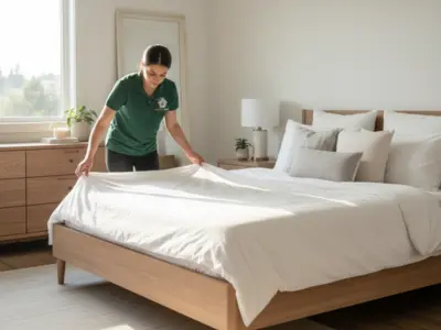 Bedroom cleaning service with neatly made bed and dust-free surfaces