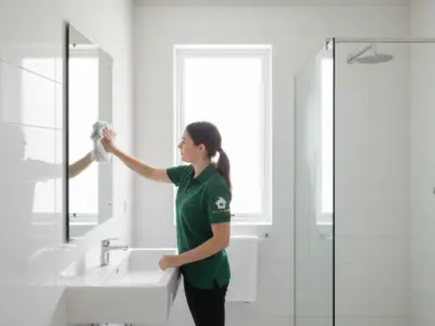 Expert bathroom cleaning with disinfected sink, tiles, and glass shower