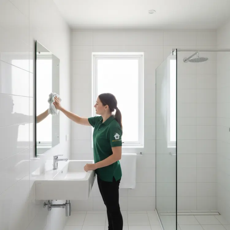 Expert bathroom cleaning with disinfected sink, tiles, and glass shower