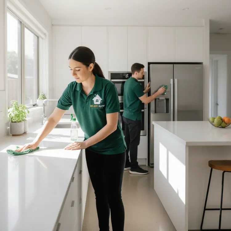 Professional kitchen cleaning service with spotless countertops and shining appliances