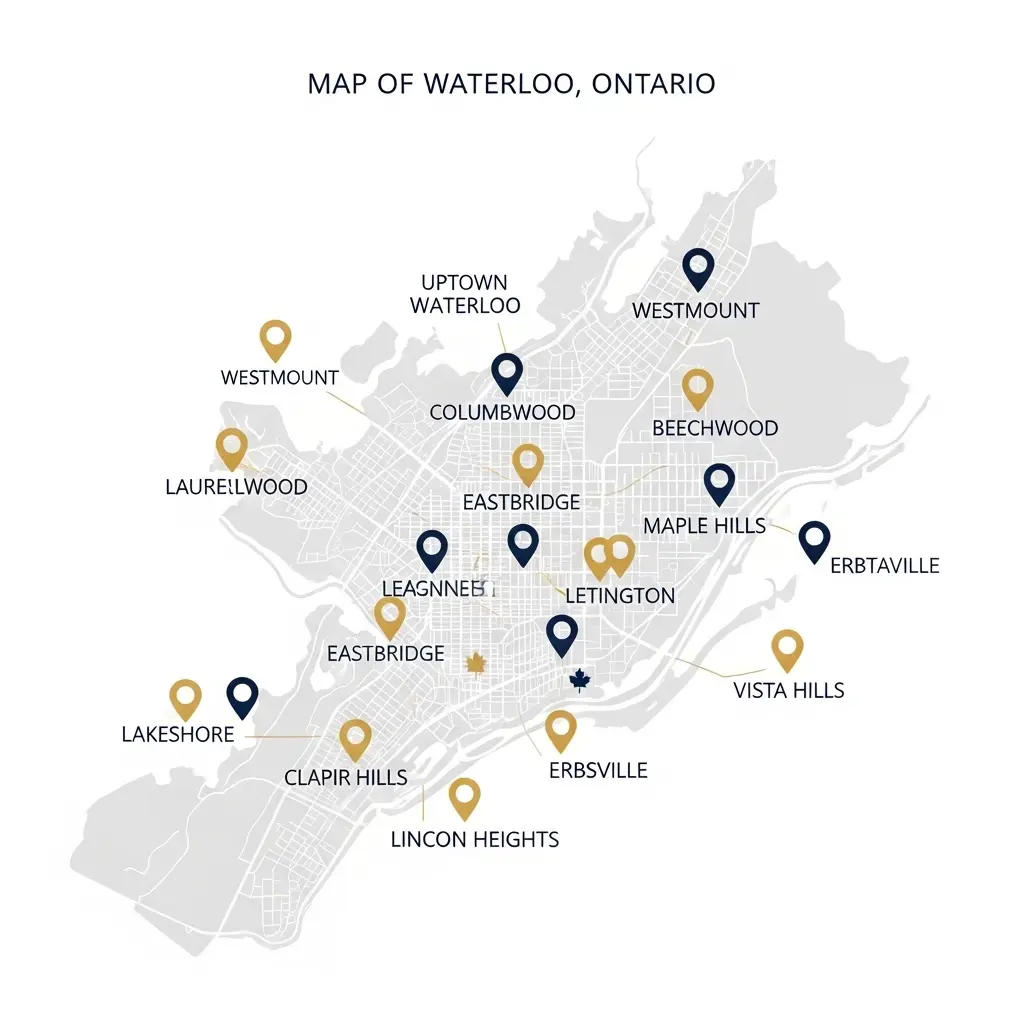 “Cleaning services coverage map in Waterloo Ontario including Uptown, Westmount, Laurelwood and nearby areas”